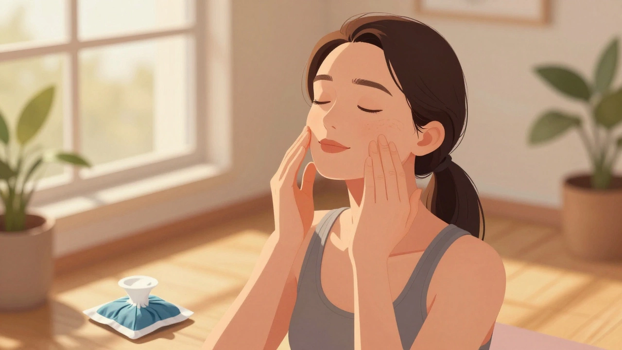 Женщина делает упражнения для лица, руки сопротивляются улыбке, тёплый свет, спокойная атмосфера.