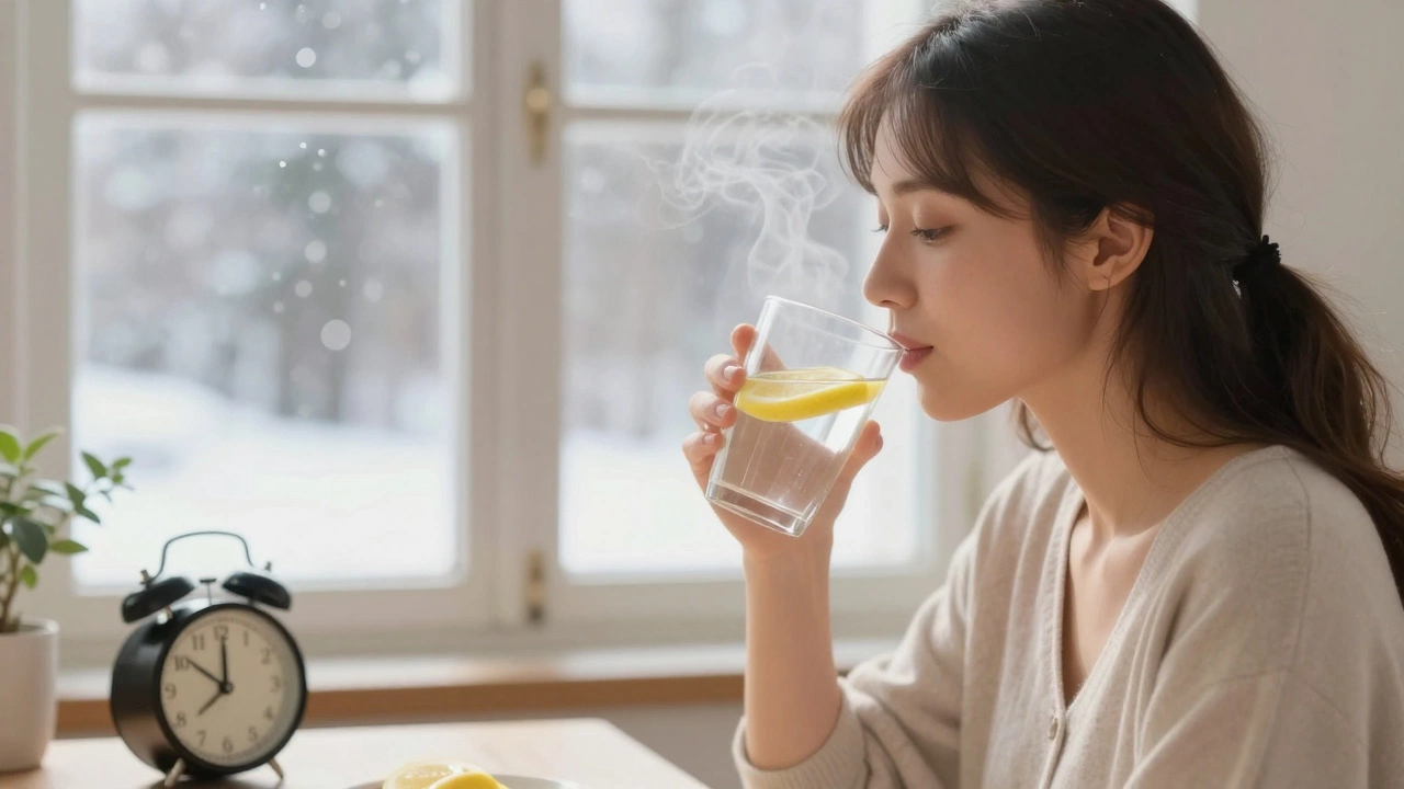 Женщина пьёт тёплую воду с лимоном утром, солнечный свет освещает её спокойное лицо.