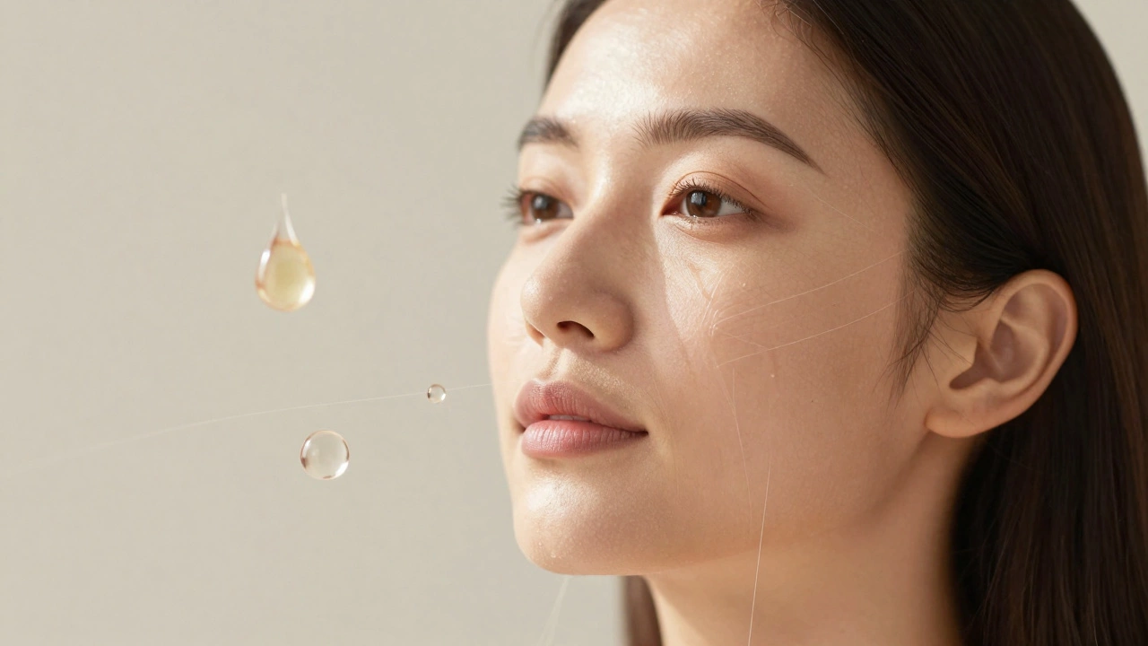 Женщина с естественно подтянутым лицом, окруженная символами нехирургического омоложения.