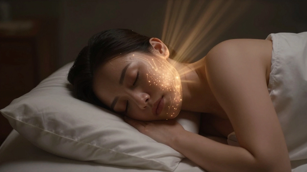 Женщина спит на спине на шёлковой наволочке, мягкий свет символизирует лимфоток и обновление кожи.