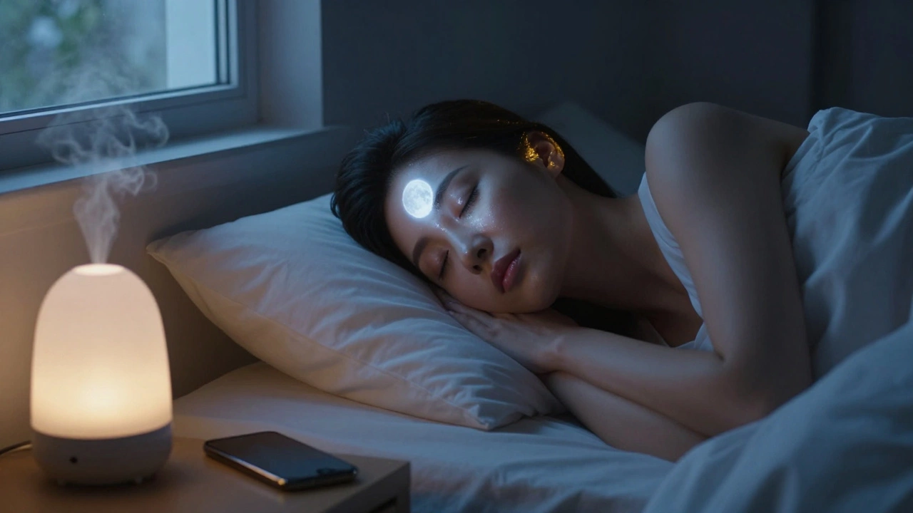 Женщина спит в прохладной комнате, её кожа сияет, телефон выключен, окно открыто на проветривание.
