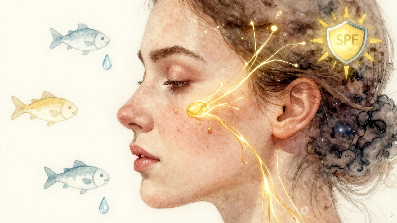 Абстрактное изображение восстановления кожи: старые морщины превращаются в золотые нити коллагена.