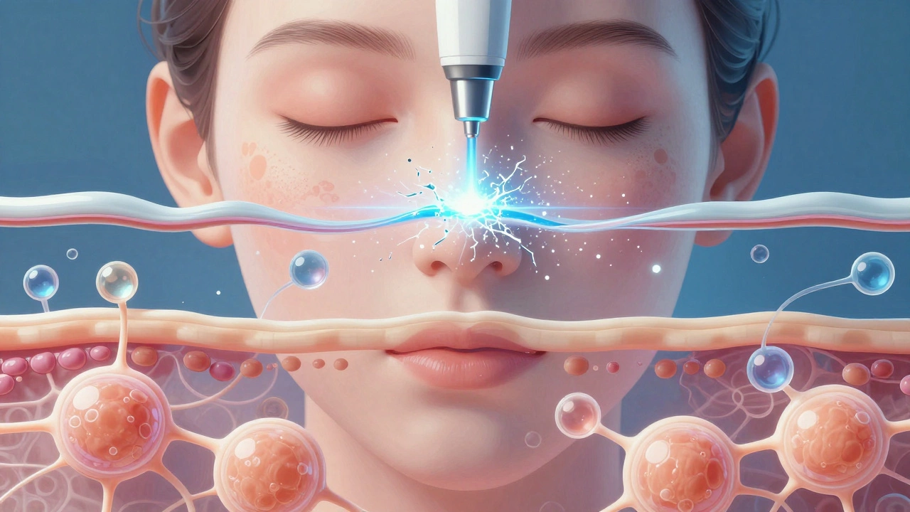Близкий план лица с визуализацией разрушения пигментных пятен лазером и стимуляции коллагена в глубоких слоях кожи.