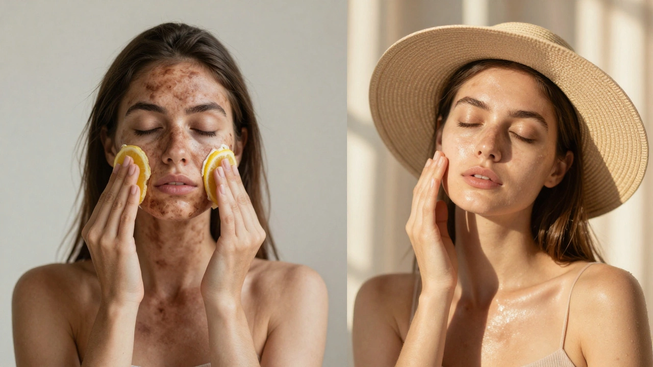 Диptyх: слева — женщина с пигментацией, использующая лимон; справа — та же женщина с равномерной кожей, защищённая от солнца.