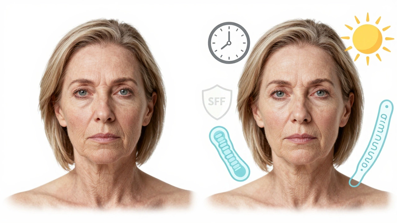 Два сценария старения кожи: до и после лазерного омоложения, с символами времени, солнца и коллагена, подчеркивающими роль ухода.