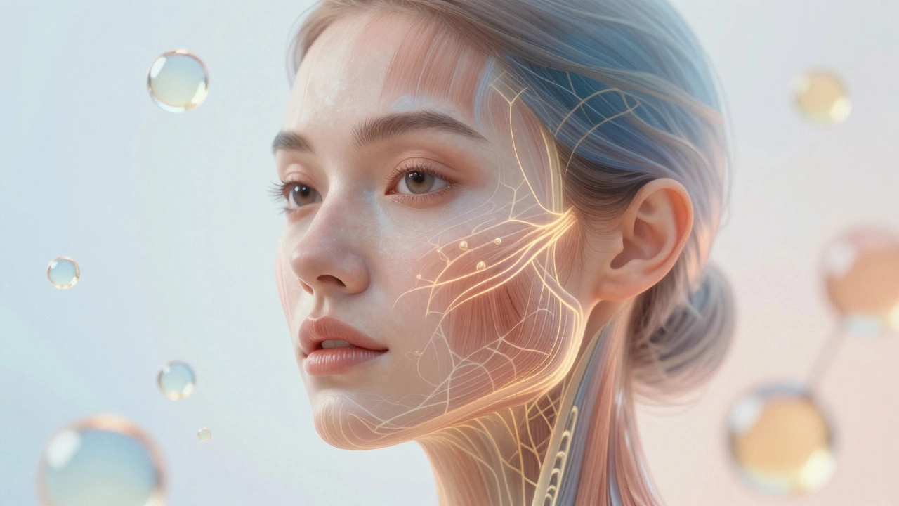 Художественное изображение лица с подсвеченными лимфатическими путями и восстанавливающимися коллагеновыми волокнами.