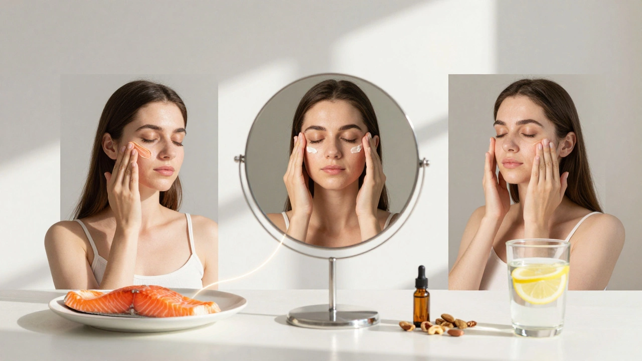 Композиция ежедневного ухода: уход, упражнения и питание, соединённые световой нитью, без текста и надписей.