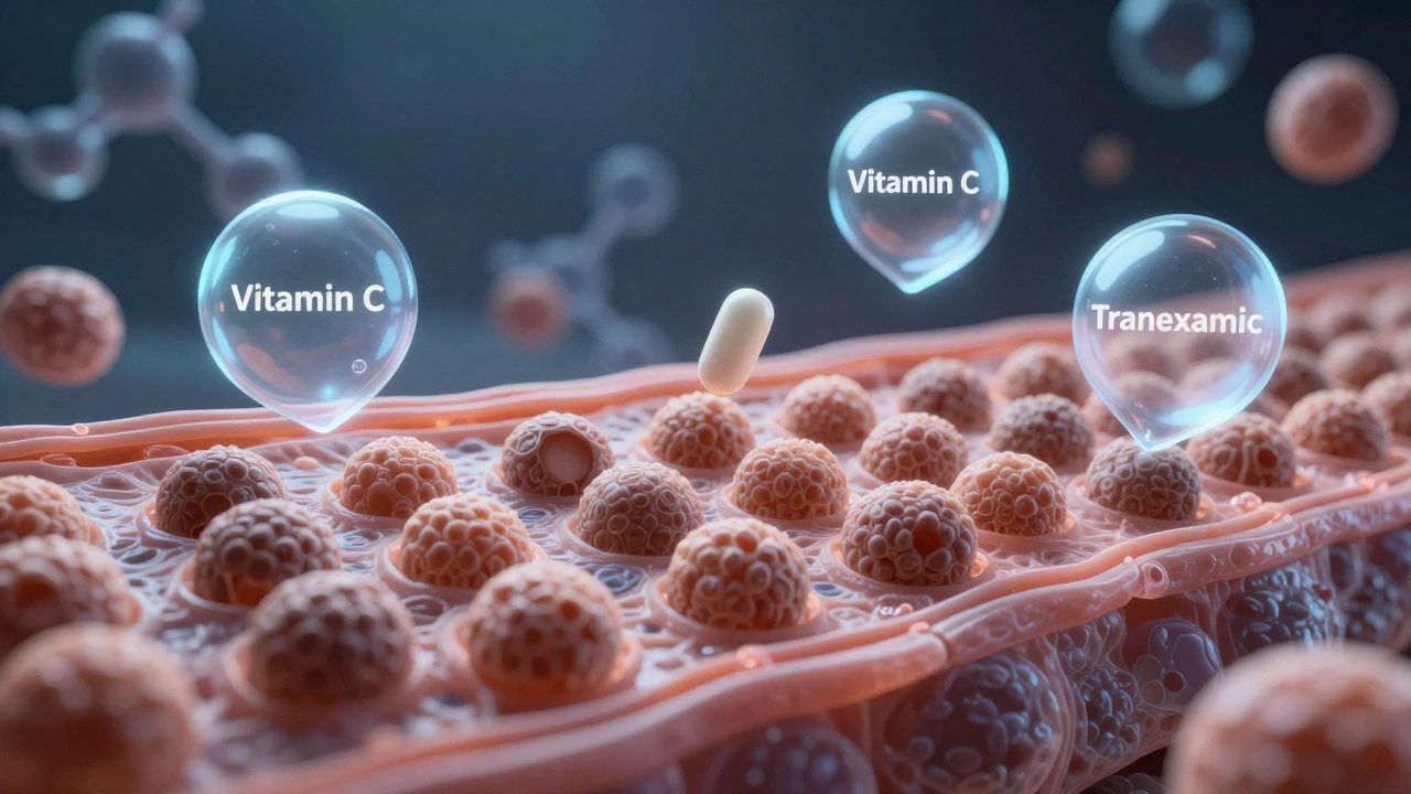 Микроскопическое изображение клеток кожи с пигментными частицами и молекулами витамина С, ниацинамида и транексамовой кислоты.