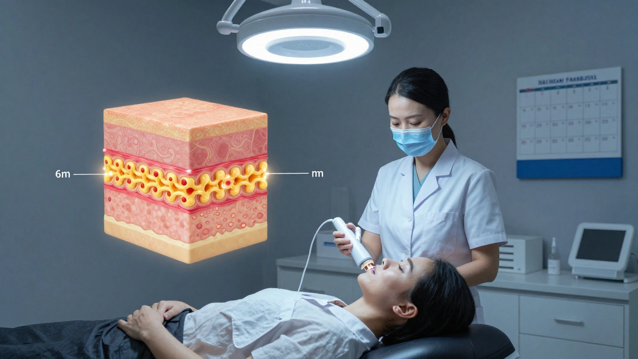 Модель кожи с коллагеновыми волокнами, одна часть тускнеет, другая поддерживается световыми импульсами, в клинической обстановке с календарем.