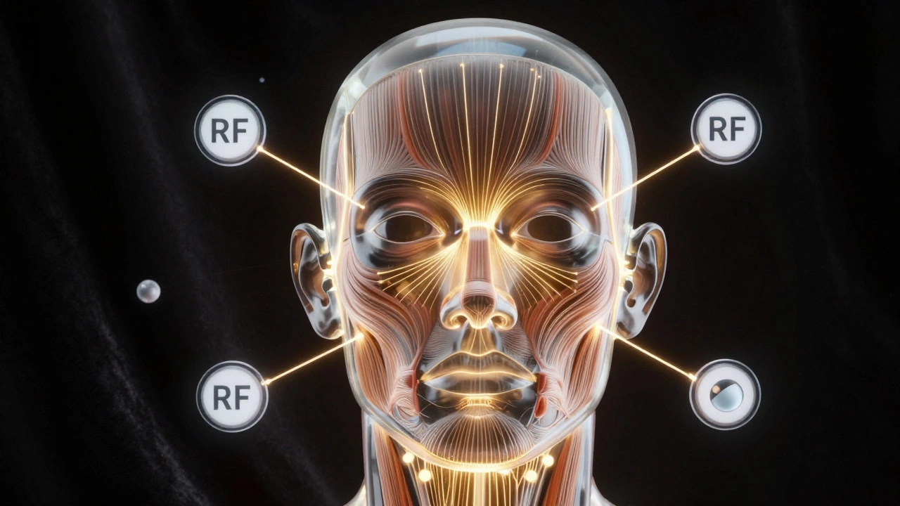 Прозрачная 3D-модель лица с фокусированными ультразвуковыми волнами, поднимающими мышечный слой лица.