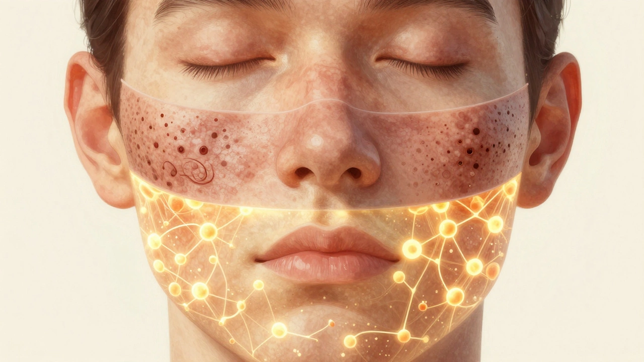 Разрез лица на четыре слоя, показывающий восстановление коллагена под действием радиочастотного тепла.