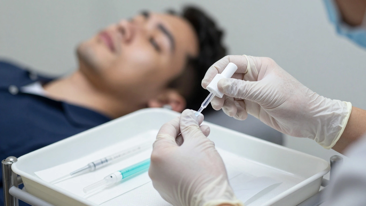 Руки косметолога в перчатках обрабатывают кожу пациента антисептиком с использованием стерильных инструментов.