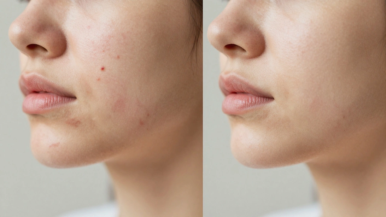 Сравнение состояния кожи до и после лазерной терапии: справа — чистая кожа, слева — с воспалениями.