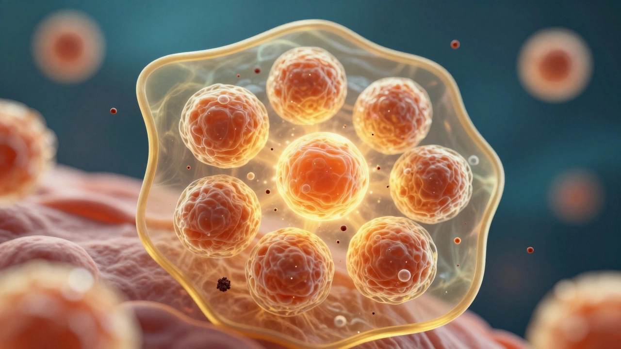 Абстрактная макросъемка клеток кожи с защитным золотистым слоем антиоксидантов.