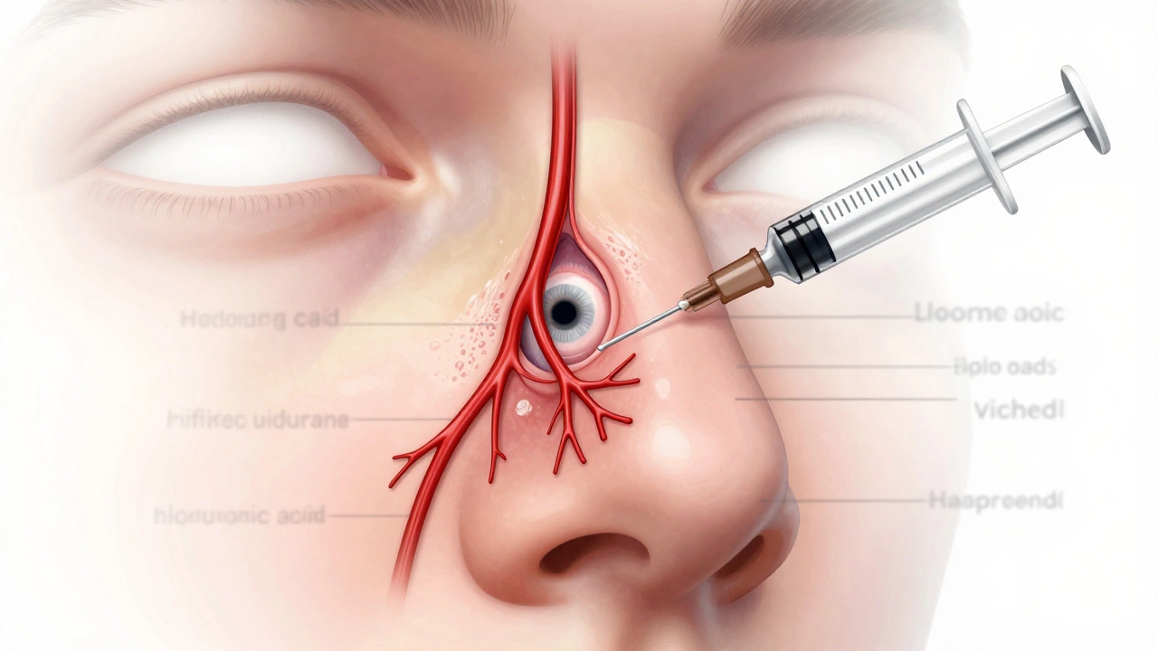 Анатомическая схема блокировки артерии гиалуроновой кислотой, ведущей к некрозу тканей лица.