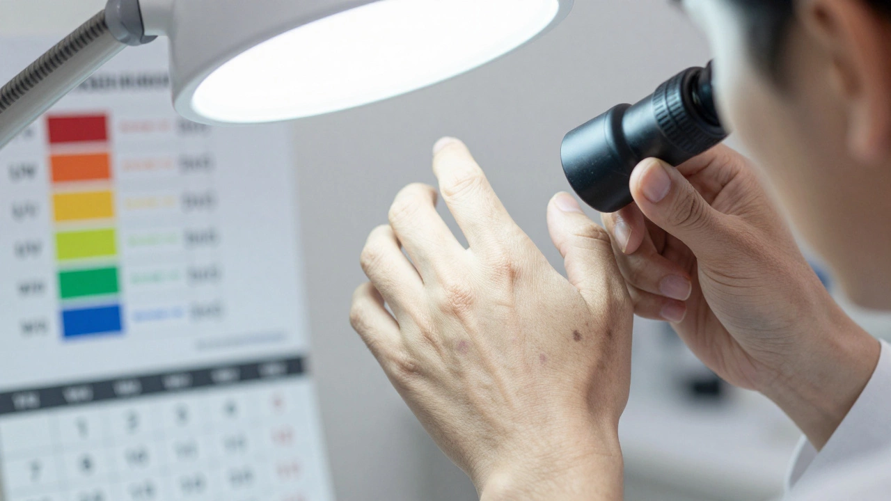 Дерматолог осматривает темные пятна на тыльной стороне руки с помощью дерматоскопа.