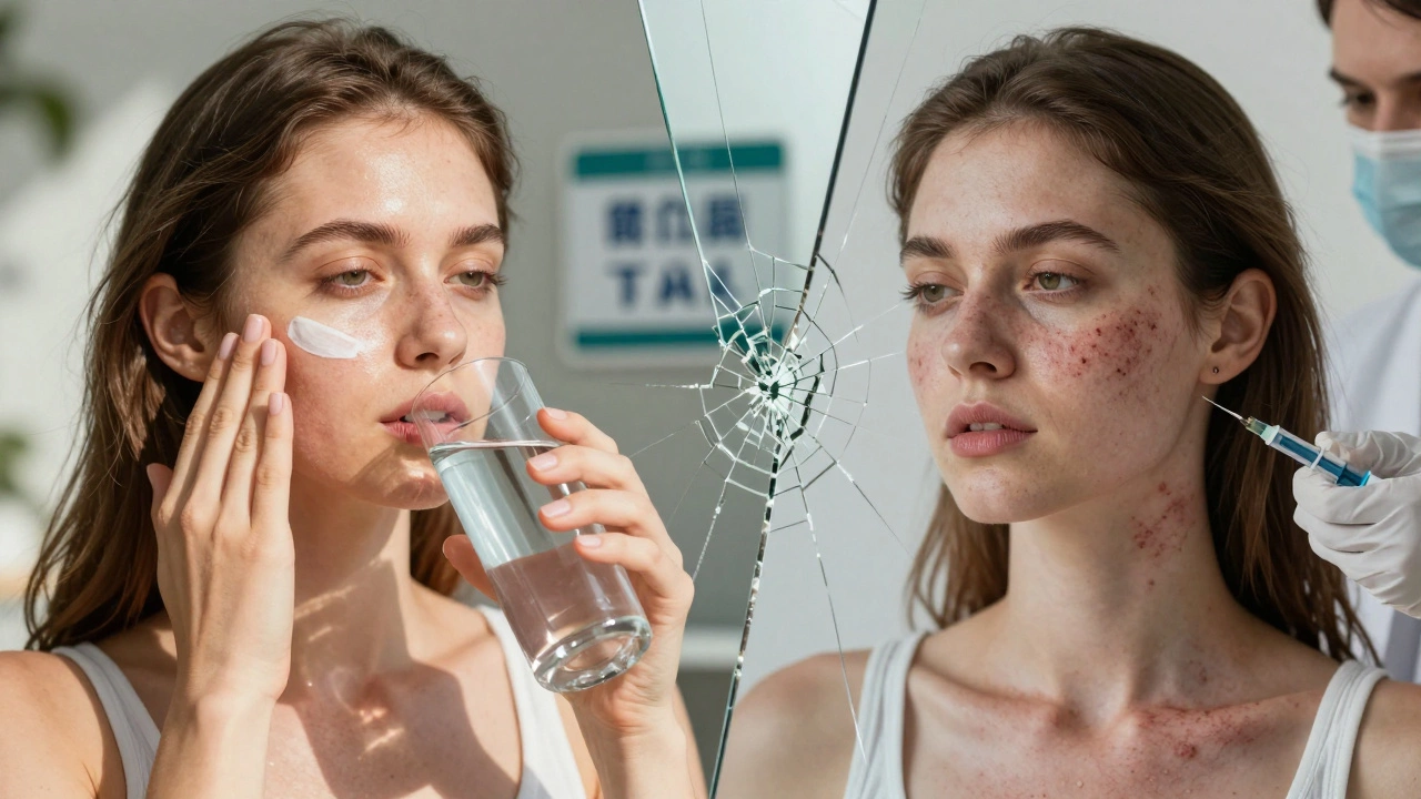 Два образа одной женщины: здоровая кожа на фоне заботы vs. поврежденная кожа после опасной процедуры.