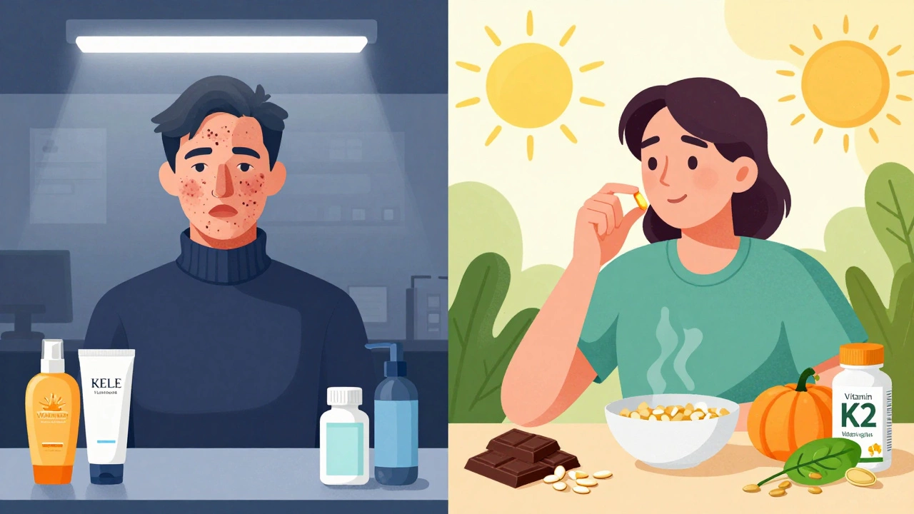 Два сценария: один — в офисе с прыщами, другой — на свежем воздухе с добавками и здоровой пищей