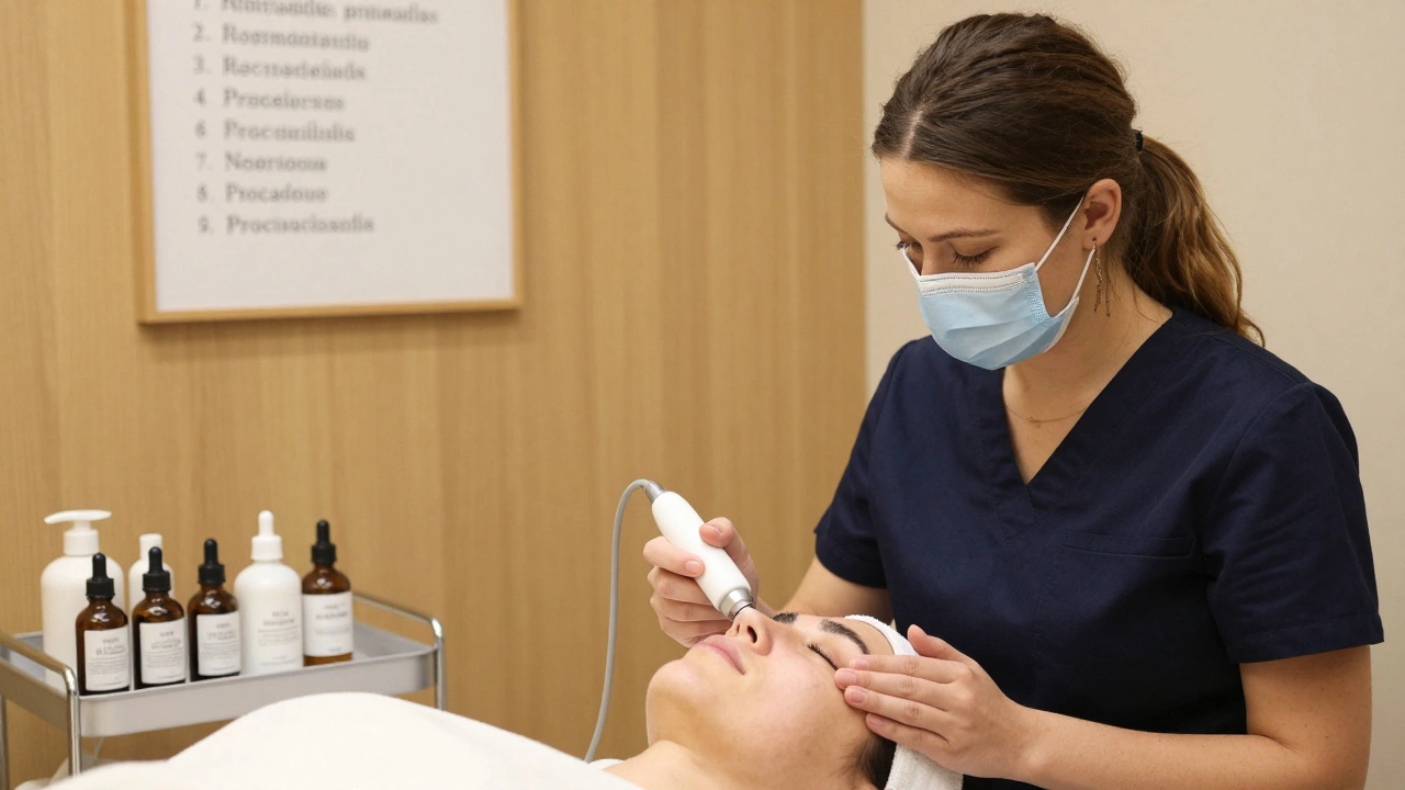 Эстетист применяет микротоки для ухода за кожей лица, рядом — косметические средства и список разрешённых процедур.