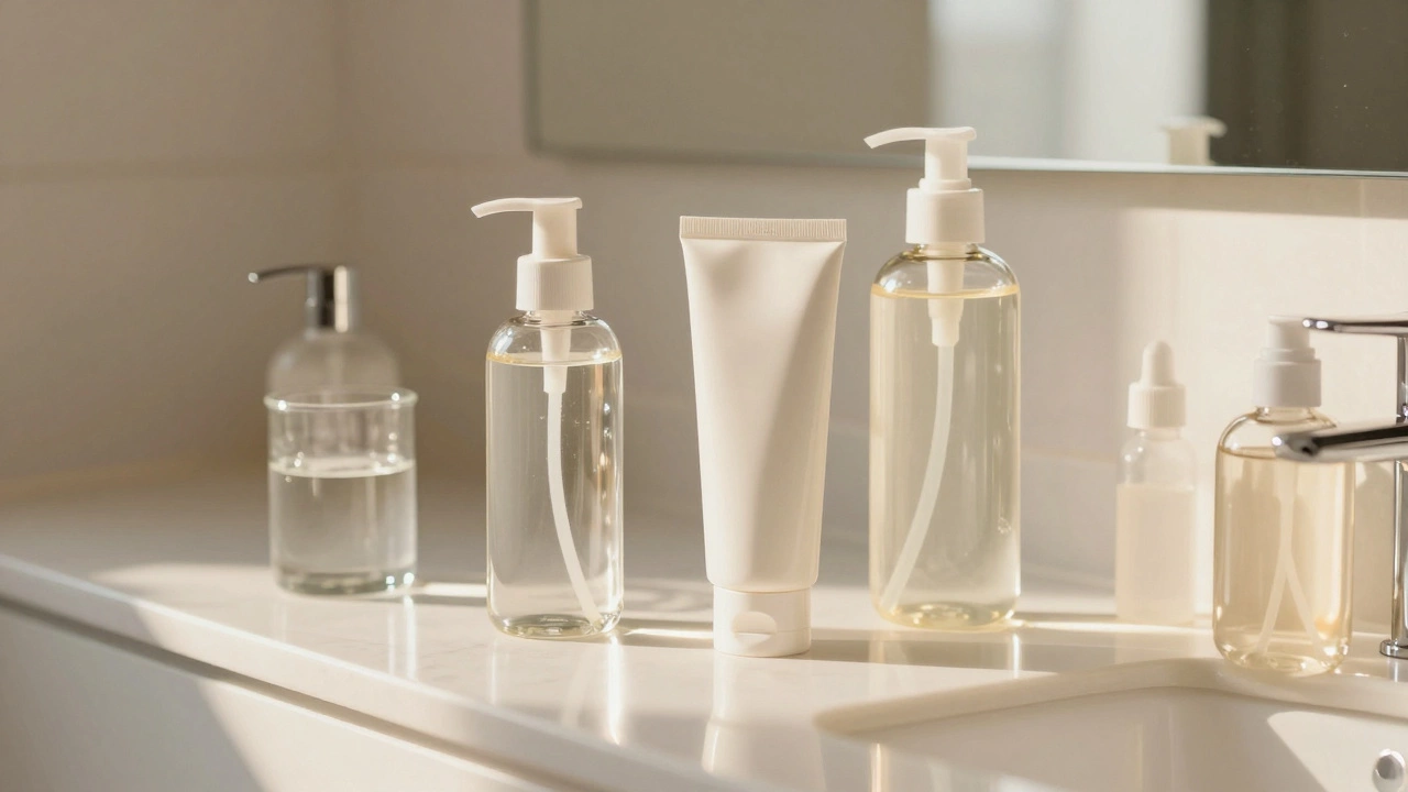 Косметические средства на тумбе при утреннем солнечном свете