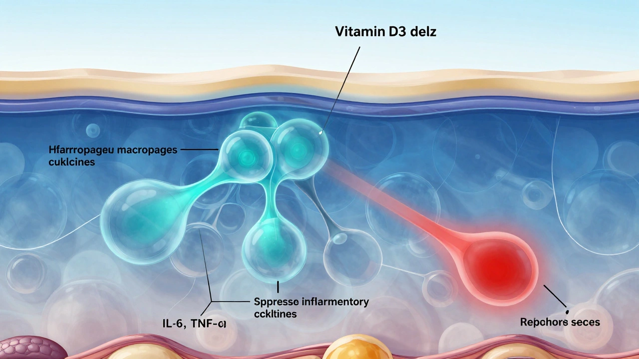 Научная иллюстрация кожи, показывающая, как витамин Д подавляет воспаление и снижает выработку себума