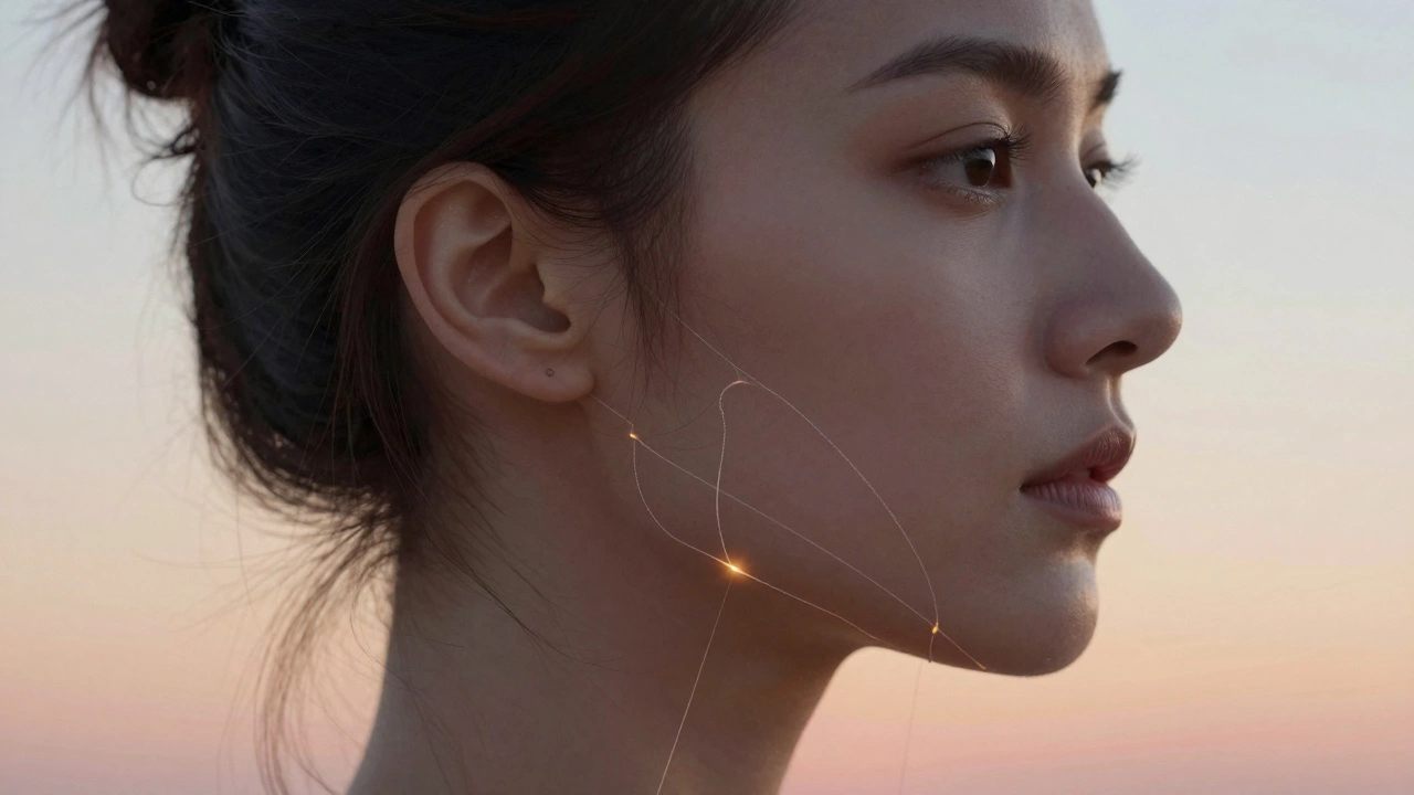 Профиль лица с контрастом: одна сторона с провисанием тканей, другая — подтянутая, с тонкими нитями под кожей.