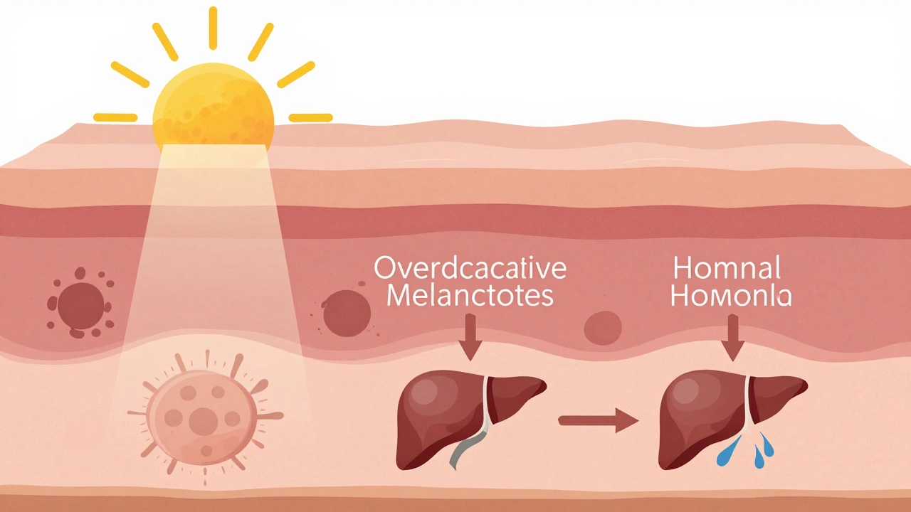 Схема кожи с тремя слоями: УФ-лучи, меланоциты и внутренние причины пигментации.