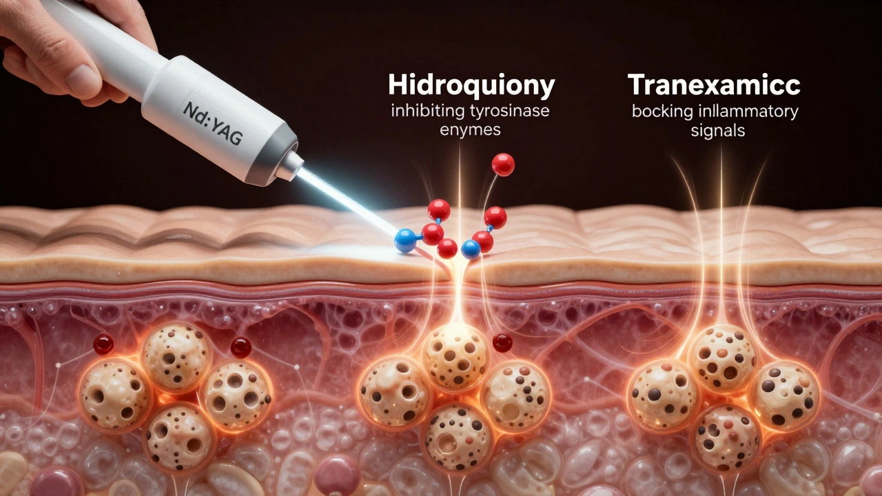 Схематическое изображение кожи с воздействием лазера, гидрохинона и транексамовой кислоты на меланин.