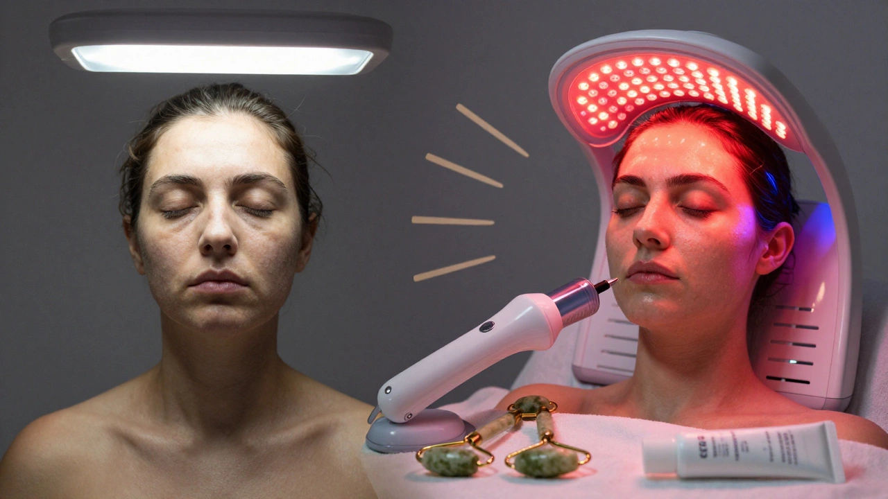 Сравнение кожи до и после домашнего ухода: тусклая и сияющая, с устройствами светотерапии.