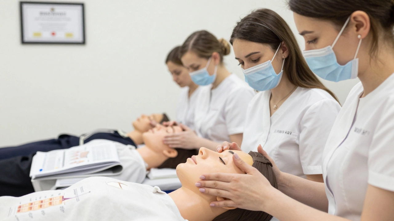 Студенты на практике осваивают массаж лица под руководством преподавателя в аккредитованном центре эстетики.
