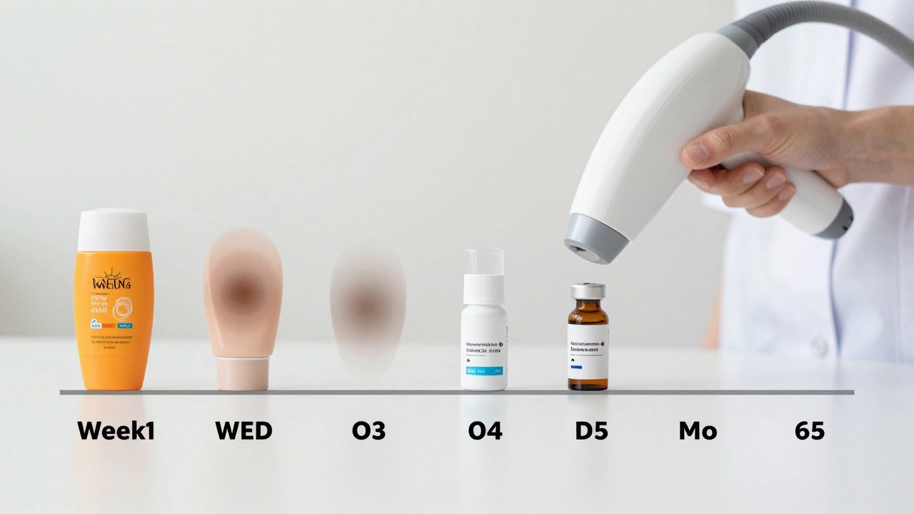 Таймлайн от недели 1 до месяца 6, показывающий постепенное исчезновение пятен и использование средств.