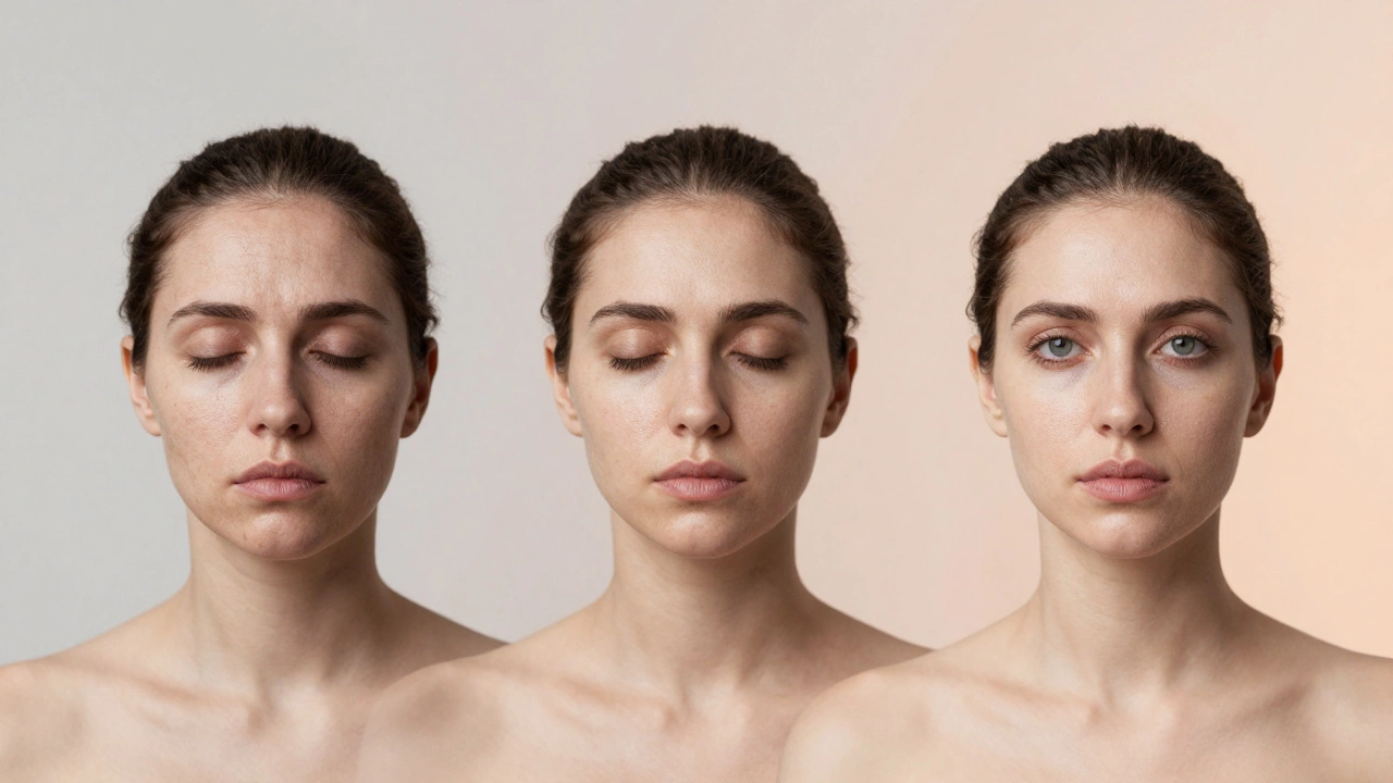 Три этапа омоложения кожи: от тусклой до сияющей, без текста и надписей.