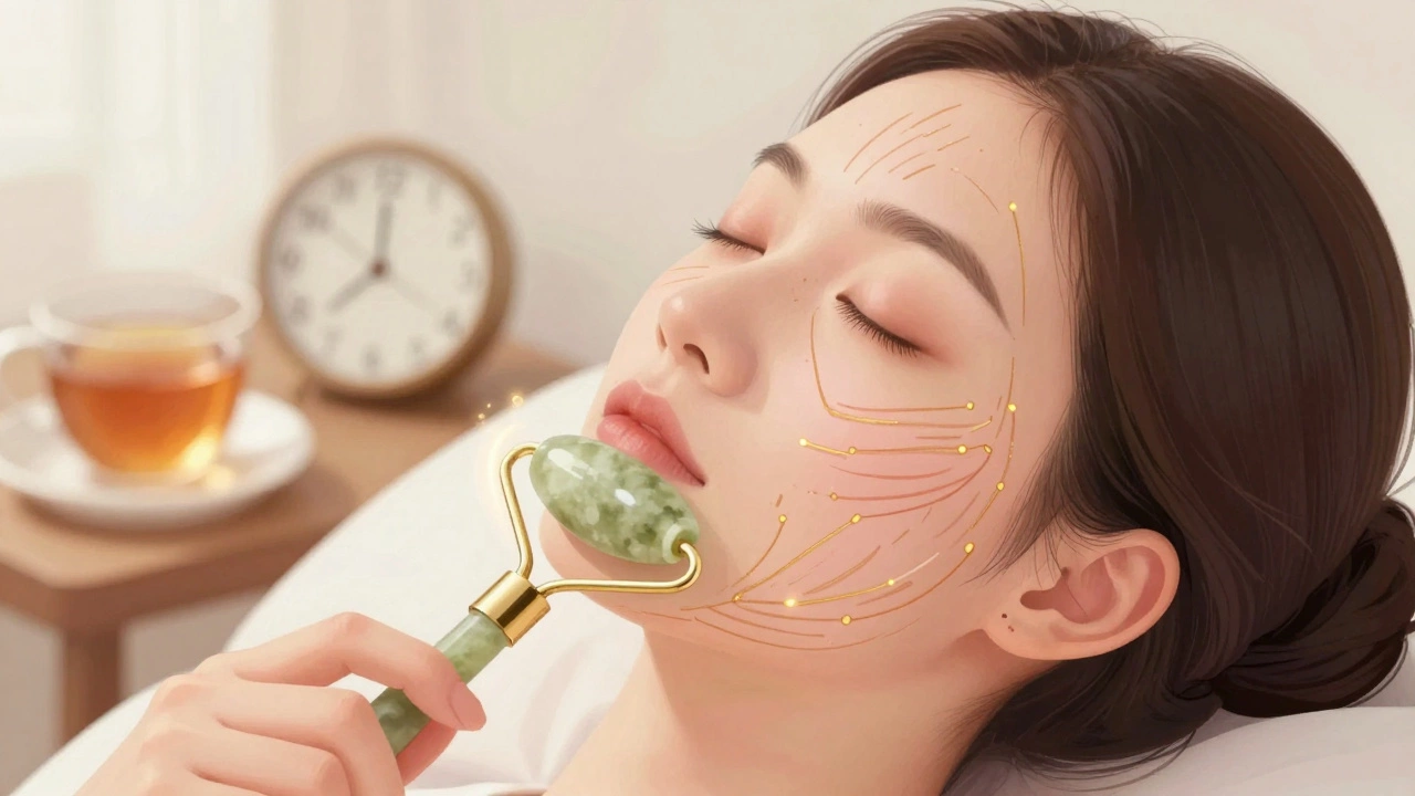 Женщина делает массаж лицо роллером из яшмы, плавные движения по лимфатическим путям.