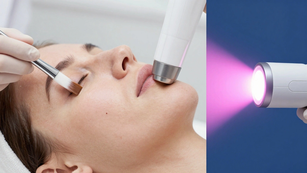 Коллаж из методов лечения пигментации: химический пилинг, лазер и фототерапия