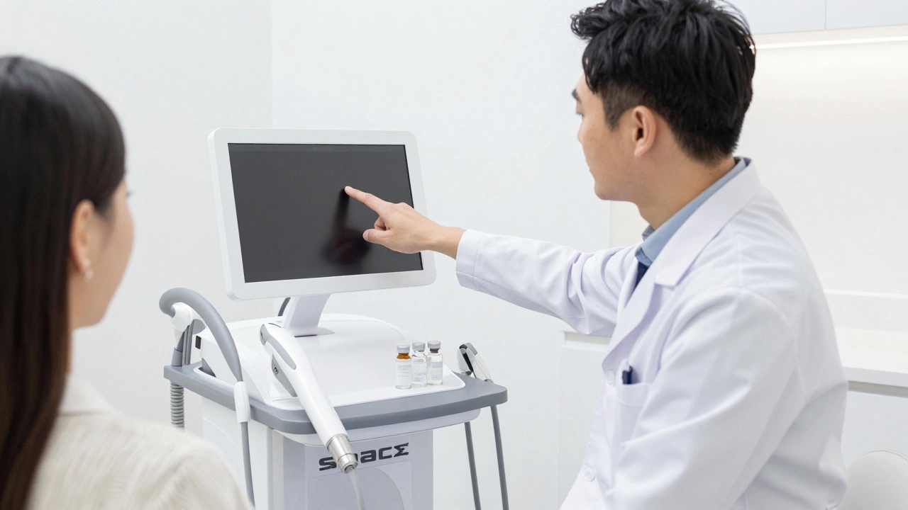 Консультация косметолога с пациентом в современном светлом кабинете клиники