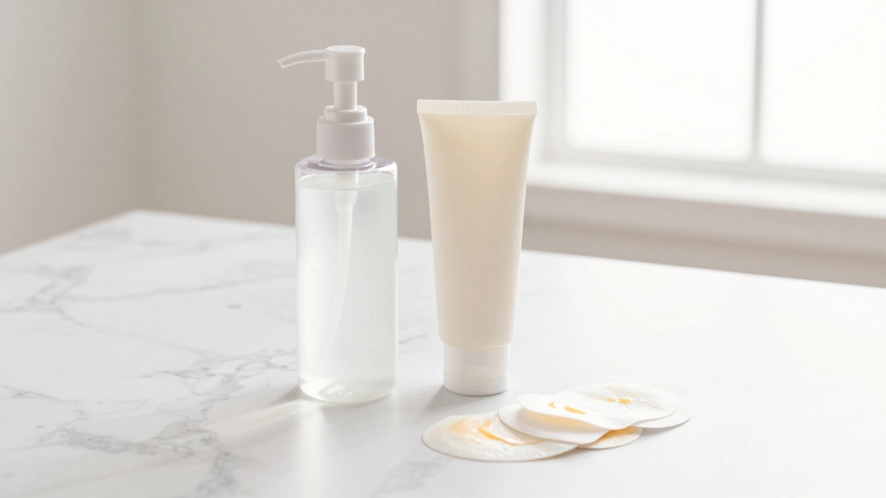 Набор мягких средств для ухода за кожей с акне на белом столе