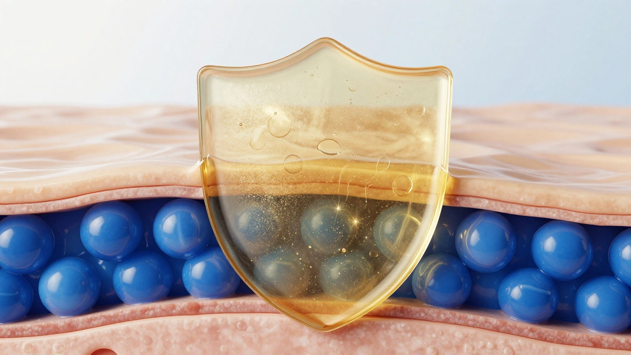 Схематичное изображение липидного барьера кожи, удерживающего влагу под слоем масла