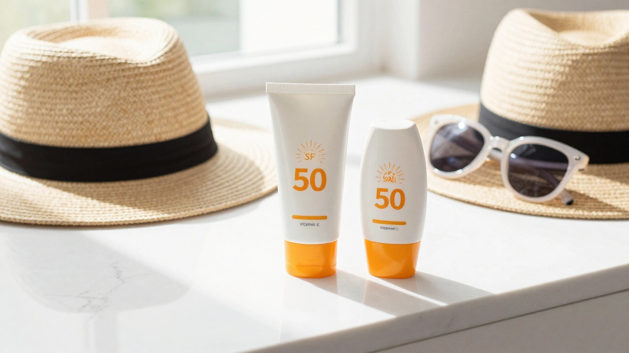 Солнцезащитный крем, сыворотка с витамином С и шляпа на светлом столе