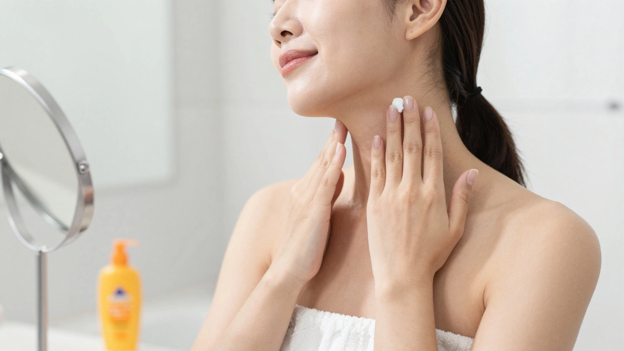 Женщина наносит антивозрастной крем на кожу шеи и декольте перед зеркалом