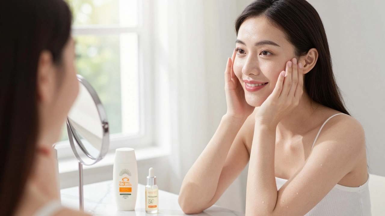 Женщина с сияющей ровной кожей рядом с солнцезащитным кремом