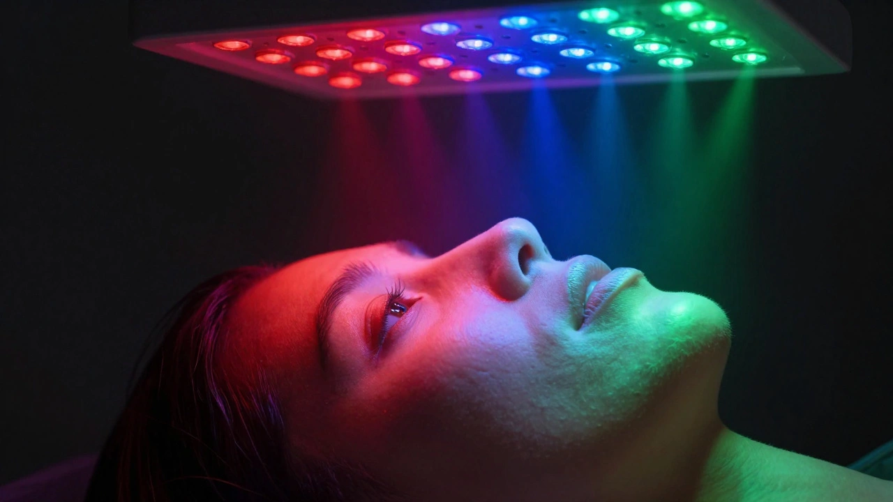 Лицо освещено разноцветными лучами LED-терапии